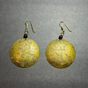 Vintage Round Brass Boho Floral Etched Dangle Drop Hook Earrings 2.75 x 1.75"